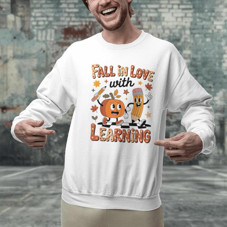 Retro Fall In Love With Learning Autumn Pumpkin Teacher Kids Men Graphic Sweatshirt, gift for family, gift for coworker