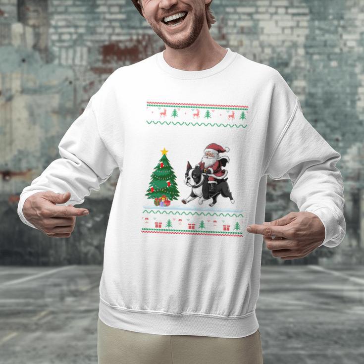 Ugly Christmas Tree Lights Xmas Santa Riding Boston Terrier Men Graphic Sweatshirt, Boston Terrier Riding Sweatshirts, Boston Terrier Christmas Sweatshirts, gift for family, gift for coworker