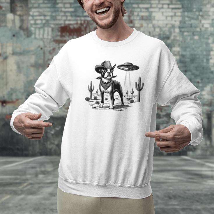 Vintage Boston Terrier UFO Western Wild West Dog Mom Dad Men Graphic Sweatshirt, Boston Terrier Mom Sweatshirts, Boston Terrier Dad Sweatshirts, gift for family, gift for coworker