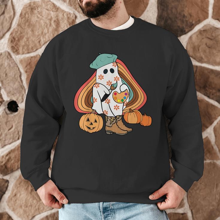 Art Teacher Painting Brushes Retro Pumpkin Ghost Artist Men Graphic Sweatshirt, novelty gifts, funny gifts