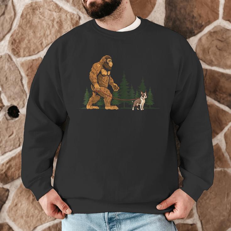 Boston Terrier Bigfoot Dog Walking Dog Mom Dad Kids Men Graphic Sweatshirt, novelty gifts, funny gifts