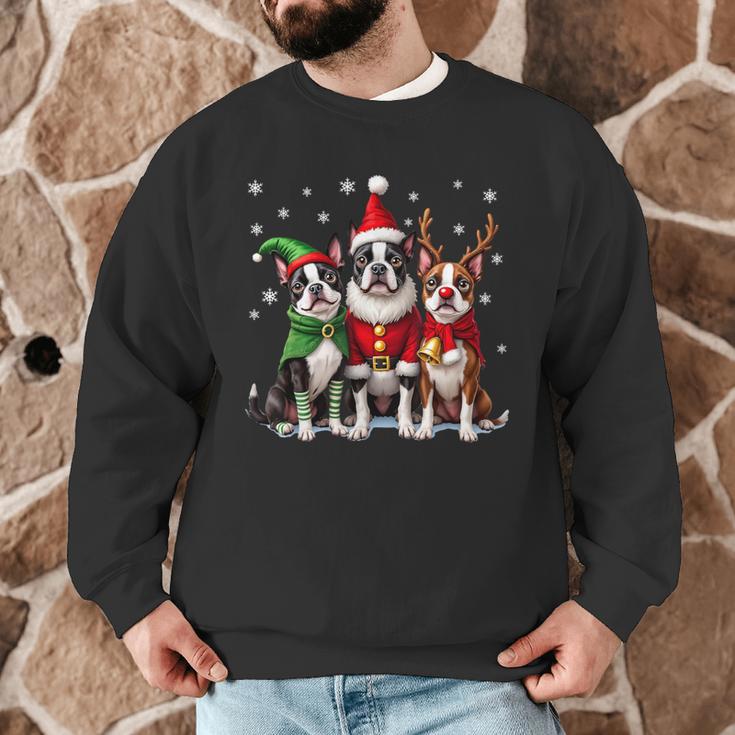 Boston Terrier Christmas Dogs Santa Reindeer Elf Men Graphic Sweatshirt, novelty gifts, funny gifts