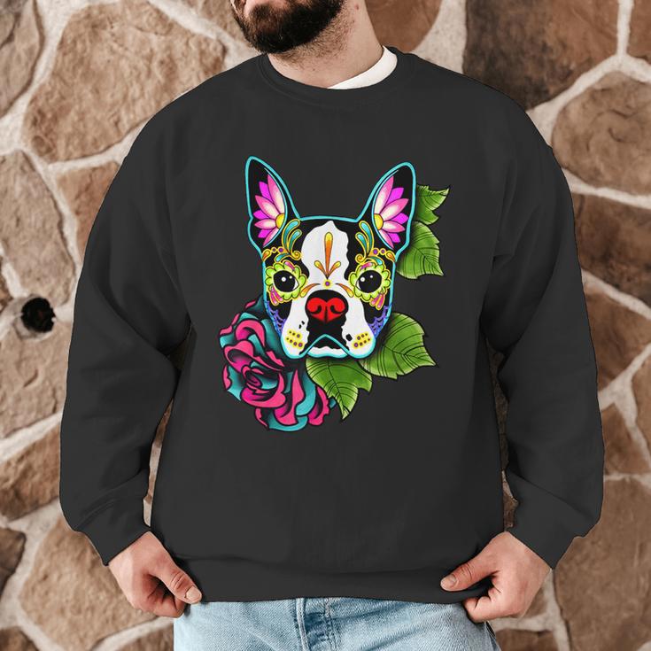 Boston Terrier In Day Of The Dead Sugar Skull Dog Men Graphic Sweatshirt, novelty gifts, funny gifts
