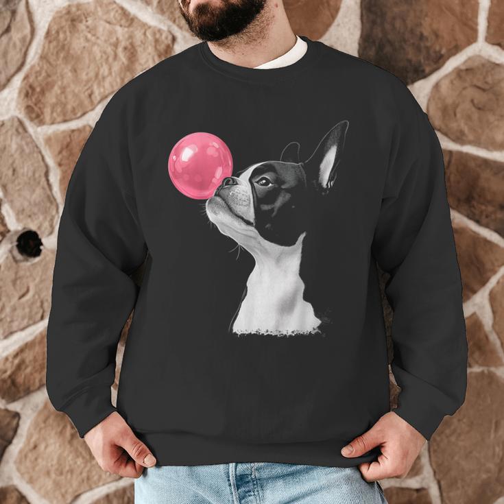 Boston Terrier Dog Blowing Chewing Bubble Gum Pink Men Graphic Sweatshirt, novelty gifts, funny gifts