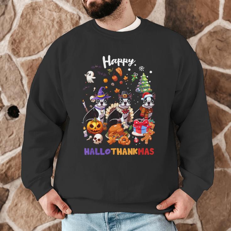 Boston Terrier Dog Christmas Happy Hallothankmas Halloween For Men Women Kids Men Graphic Sweatshirt, novelty gifts, funny gifts