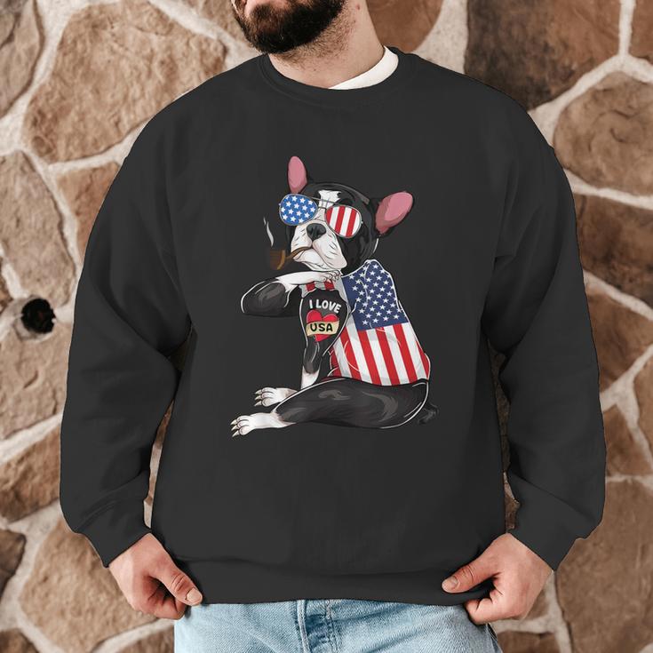 Boston Terrier Dog Merica 4th Of July Usa American Flag Men Men Graphic Sweatshirt, novelty gifts, funny gifts