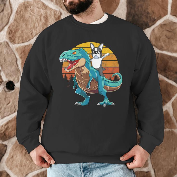 Boston Terrier Dog Riding Dinosaur T Rex Boys Men Graphic Sweatshirt, novelty gifts, funny gifts