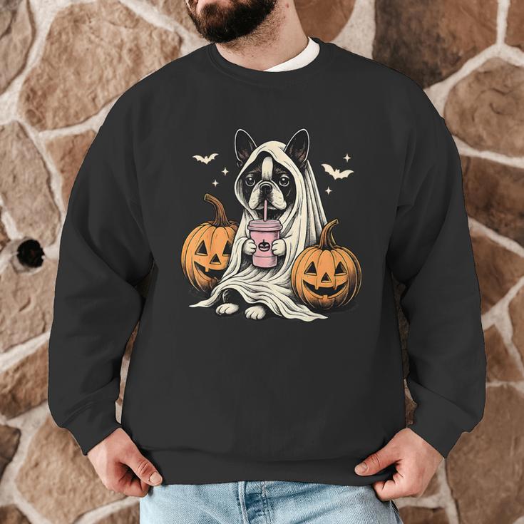 Boston Terrier Ghost Boo Halloween Costume Spooky Season Men Graphic Sweatshirt, novelty gifts, funny gifts