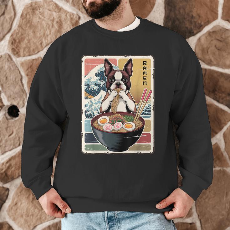 Boston Terrier Ramen Noodles Japanese Art Retro Ocean Waves Men Graphic Sweatshirt, novelty gifts, funny gifts