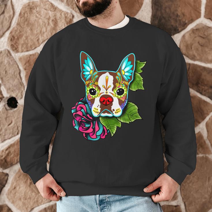 Boston Terrier In Red Day Of The Dead Sugar Skull Dog Men Graphic Sweatshirt, novelty gifts, funny gifts