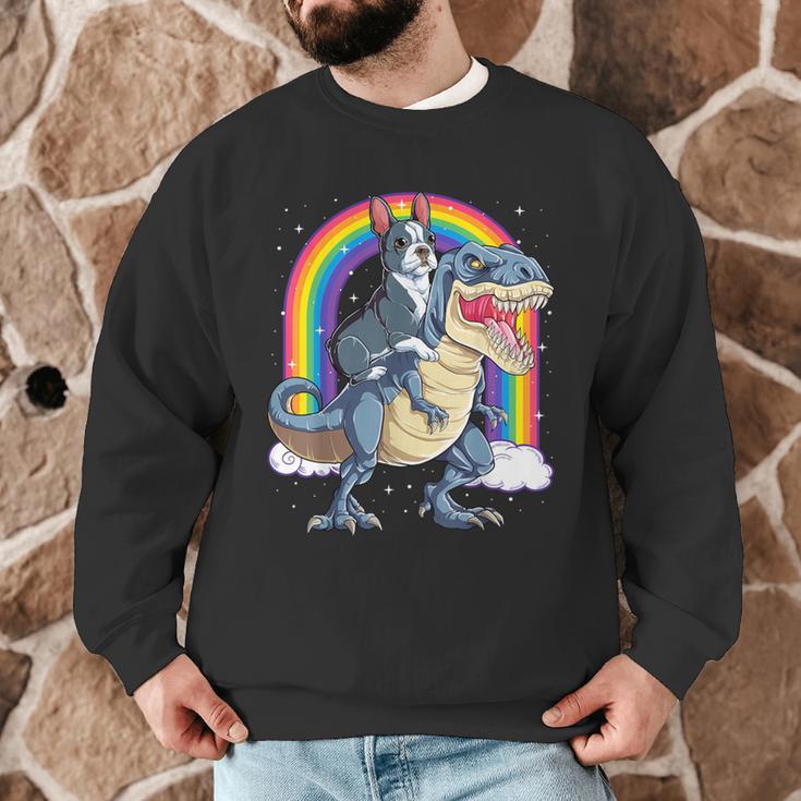 Boston Terrier Riding Dinosaur T-Rex Boys Kids Rainbow Men Graphic Sweatshirt, novelty gifts, funny gifts