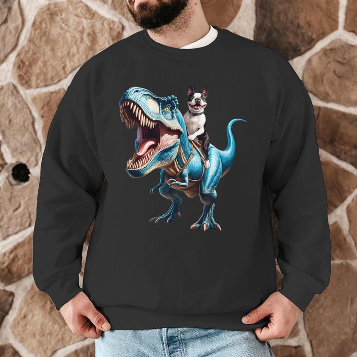 Boston Terrier Riding T-Rex Dinosaur Dog Lover Men Graphic Sweatshirt, novelty gifts, funny gifts