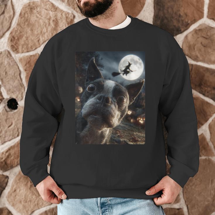 Boston Terrier Selfie Full Moon Flying Witch Halloween Dog Men Graphic Sweatshirt, novelty gifts, funny gifts