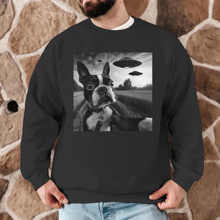 Boston Terrier Graphic Selfie With UFOs Weird Aliens Men Graphic Sweatshirt, novelty gifts, funny gifts