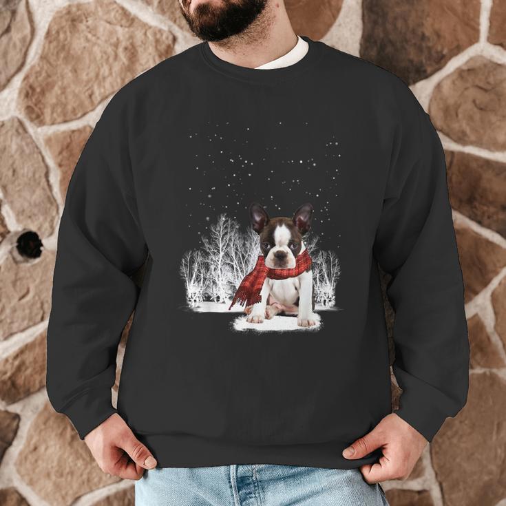 Boston Terrier In The Snow Merry Christmas Winter Men Graphic Sweatshirt, novelty gifts, funny gifts