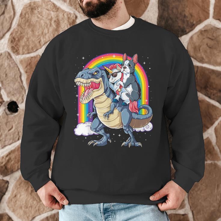 Boston Terrier Unicorn Riding Dinosaur T-Rex Girls Rainbow Men Graphic Sweatshirt, novelty gifts, funny gifts