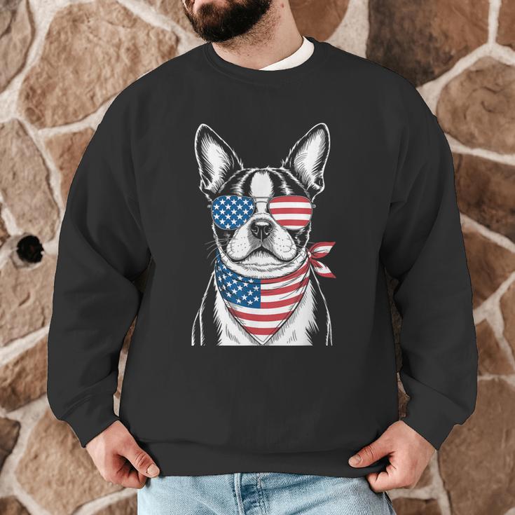 Boston Terrier USA Flag Sunglasses Patriotic 4th Of July Men Graphic Sweatshirt, novelty gifts, funny gifts