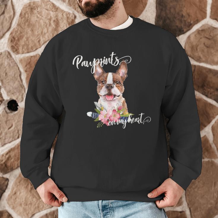 Brown Boston Terrier With Flowers And Feathers Men Graphic Sweatshirt, novelty gifts, funny gifts
