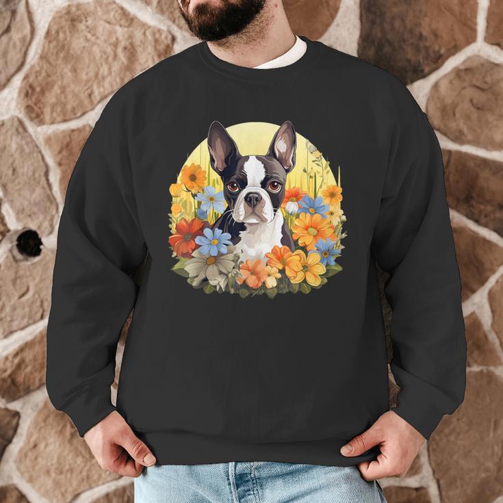 Cute Boston Terrier Spring Flower Garden Colorful Puppy Dog Men Graphic Sweatshirt, novelty gifts, funny gifts