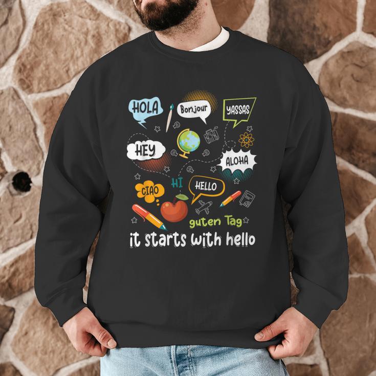 Friendship Inclusion Language Teacher It Starts With Hello Men Graphic Sweatshirt, novelty gifts, funny gifts Friendship Inclusion Language Teacher It Starts With Hello Men Graphic Sweatshirt, novelty gifts, funny gifts