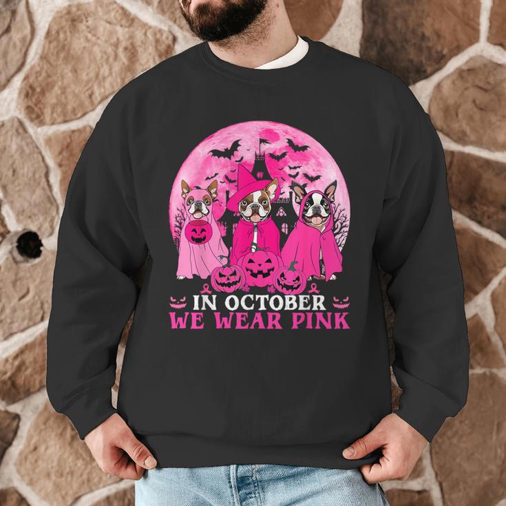 Ghost And Witch Boston Terrier Dog In October We Wear Pink Men Graphic Sweatshirt, novelty gifts, funny gifts
