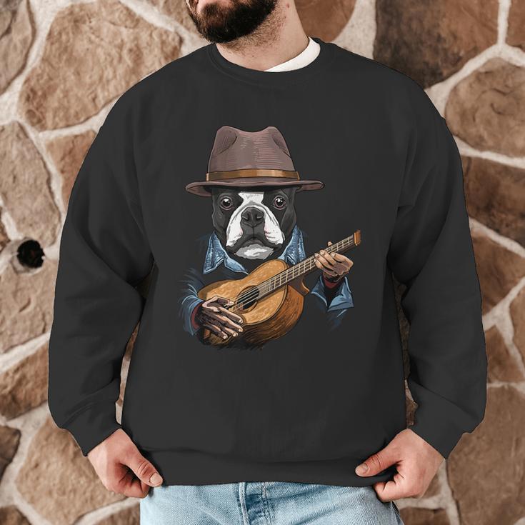 Guitar Shirt Boston Terrier Dog Playing Acoustic Guitar Men Graphic Sweatshirt, novelty gifts, funny gifts