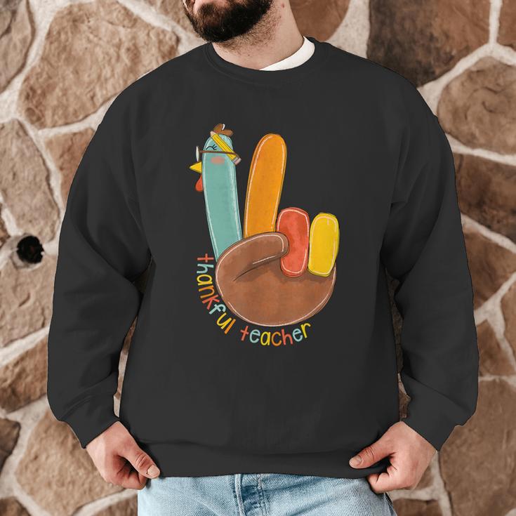 One Thankful Teacher Thanksgiving Turkey Peace Hand Sign Men Graphic Sweatshirt, novelty gifts, funny gifts