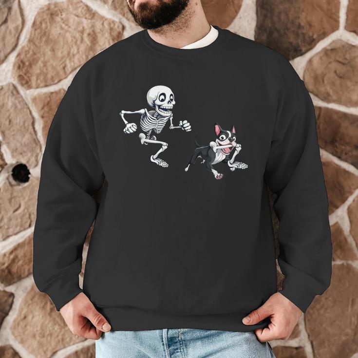 Skeleton Chasing Dog Boston Terrier Halloween Pet Lover Men Graphic Sweatshirt, novelty gifts, funny gifts