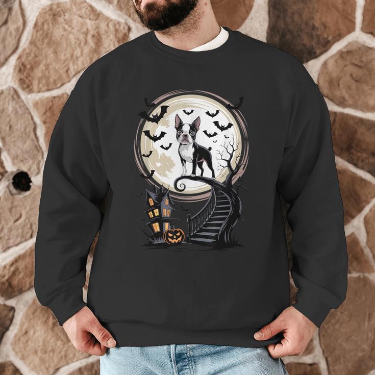 Spooky Halloween Moon Boston Terrier Boston Bull Bostie Men Graphic Sweatshirt, novelty gifts, funny gifts