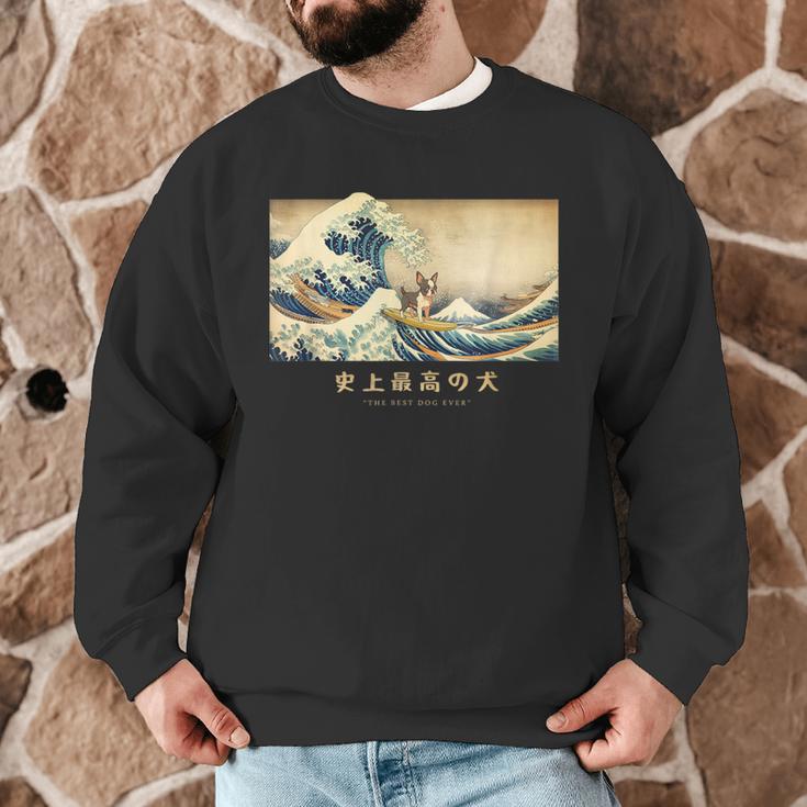 Surfing Boston Terrier Kanagawa Wave Japanese Dog For Men Women Kids Men Graphic Sweatshirt, novelty gifts, funny gifts
