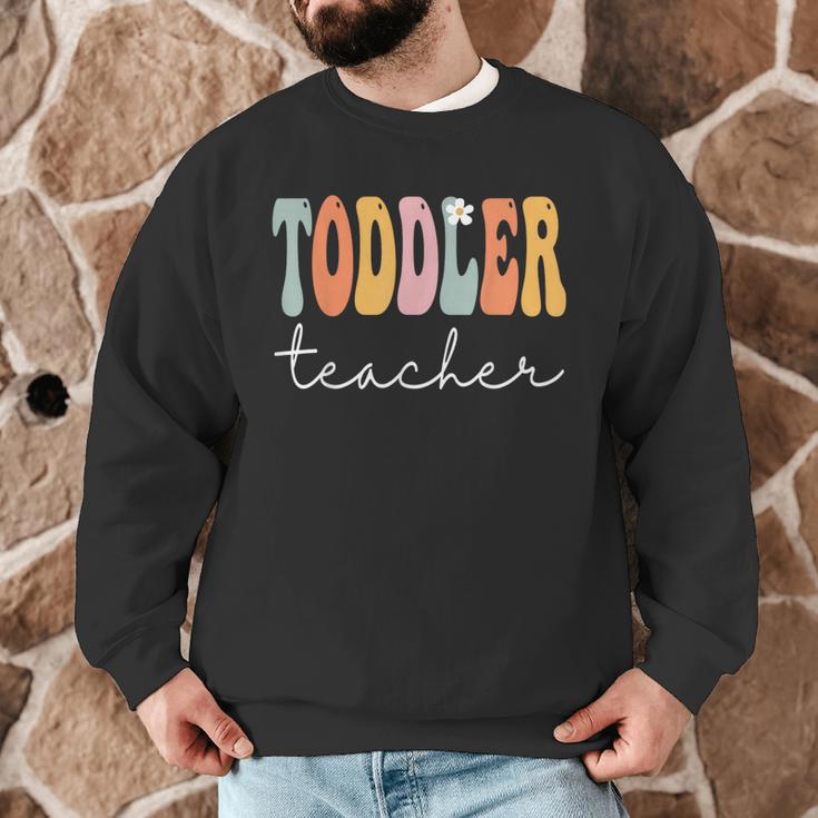 Toddler Teacher Retro Groovy Women Happy First Day Of School Men Graphic Sweatshirt, novelty gifts, funny gifts