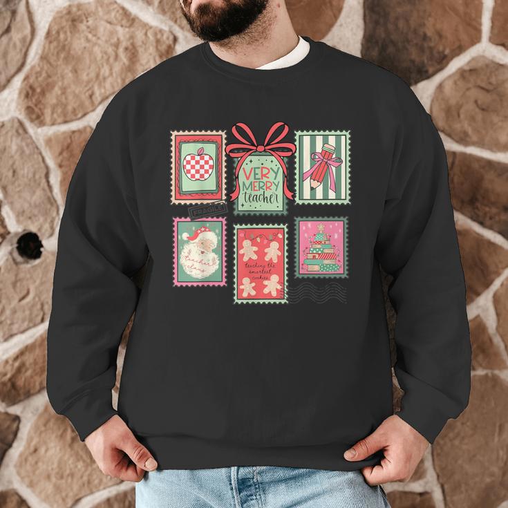 Vintage Preppy Very Merry Teacher Santa Stamps Christmas Men Graphic Sweatshirt, novelty gifts, funny gifts