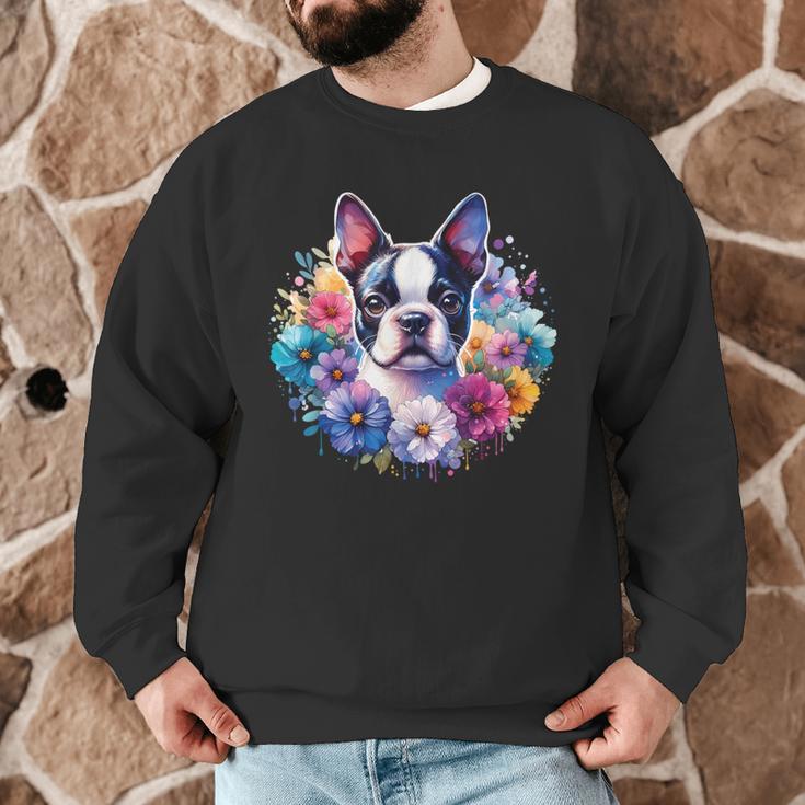 Watercolor Floral Boston Terrier Mama Dog Lover Mother's Day Men Graphic Sweatshirt, novelty gifts, funny gifts