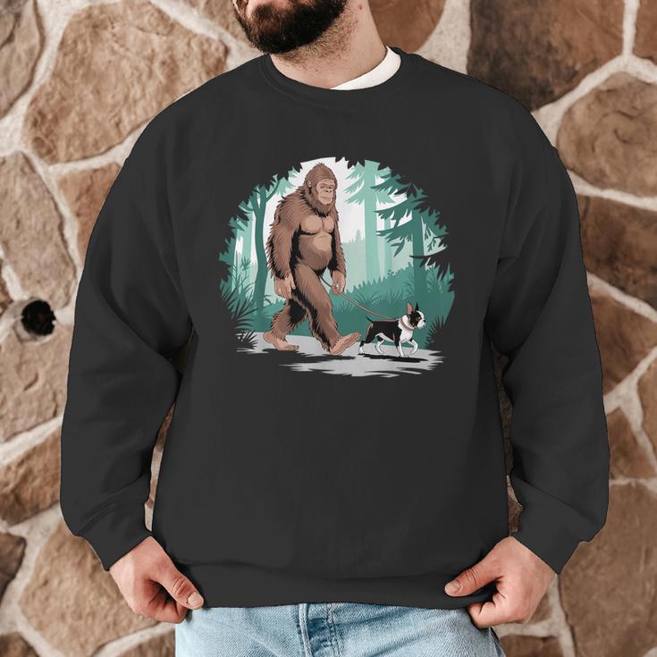 Whimsical Forest Adventures Sasquatch Bigfoot Walking Boston Terrier Dog Lovers Men Graphic Sweatshirt, novelty gifts, funny gifts