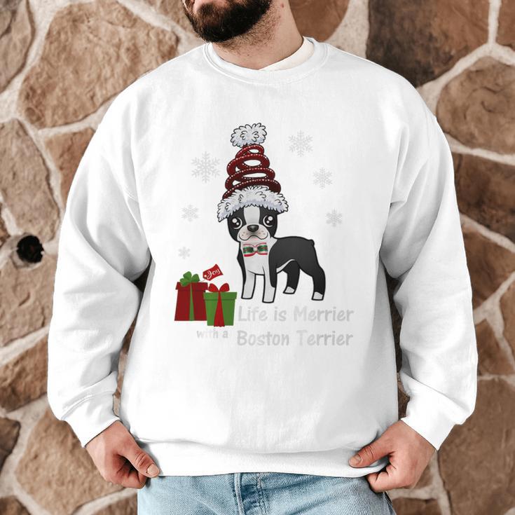 Boston Terrier Christmas T Shirt-Life Is Merrier Premium Tri-Blend Men Graphic Sweatshirt, novelty gifts, funny gifts