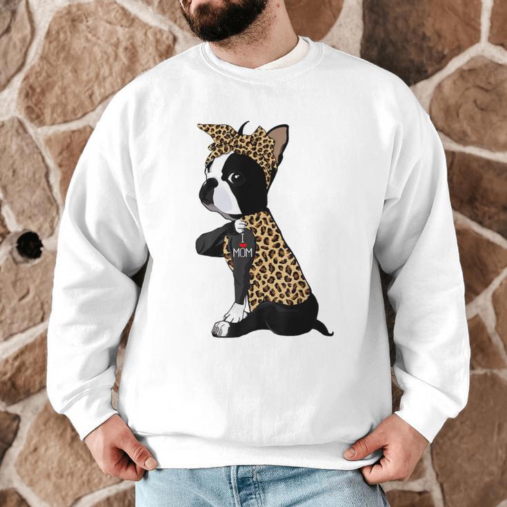 Boston Terrier Lover I Love Mom Tattoo Leopard Men Graphic Sweatshirt, novelty gifts, funny gifts