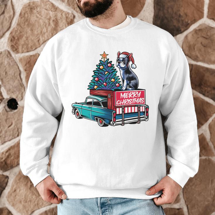 Boston Terrier Merry Christmas Tree Truck Santa Dog X-Mas Men Graphic Sweatshirt, novelty gifts, funny gifts
