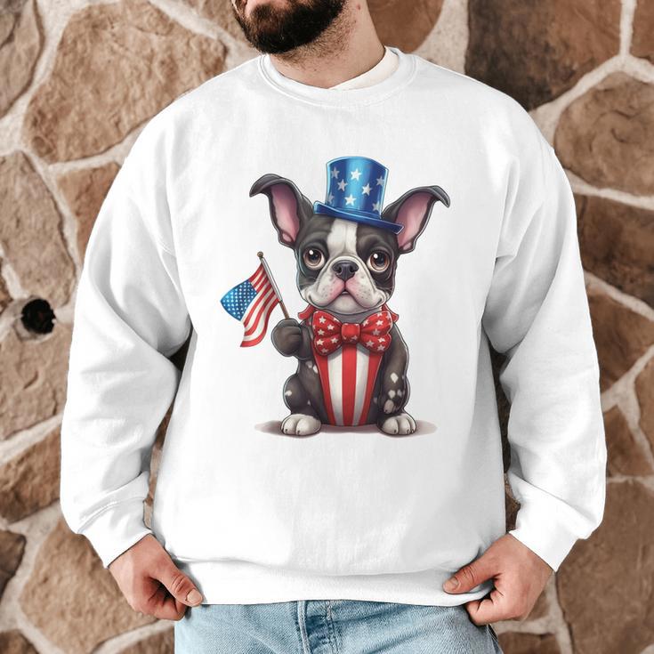 Boston Terrier Puppy Dog Holds His American Flag 4th Of July Men Graphic Sweatshirt, novelty gifts, funny gifts