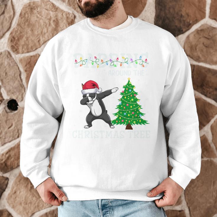 Boston Terrier Santa Hat Dabbing Around The Christmas Tree Men Graphic Sweatshirt, novelty gifts, funny gifts