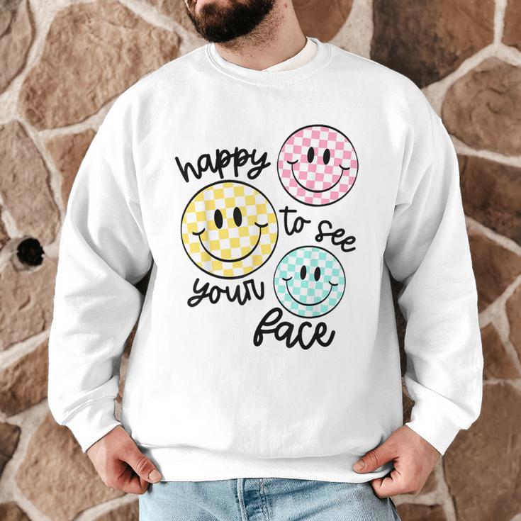 Happy To See Your Face Smile Face Teacher Back To School Men Graphic Sweatshirt, novelty gifts, funny gifts
