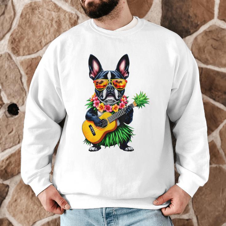 Hawaiian Boston Terrier & Pineapple Ukulele Summer Vacation Men Graphic Sweatshirt, novelty gifts, funny gifts