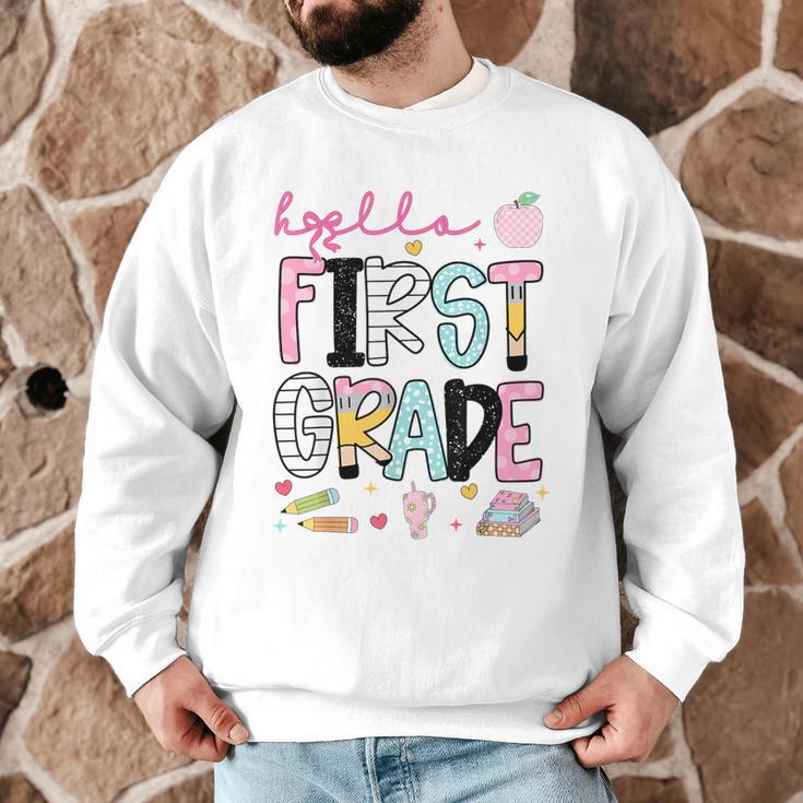 Hello First Grade Teacher Coquette Pencil Bow Back To School Men Graphic Sweatshirt, novelty gifts, funny gifts