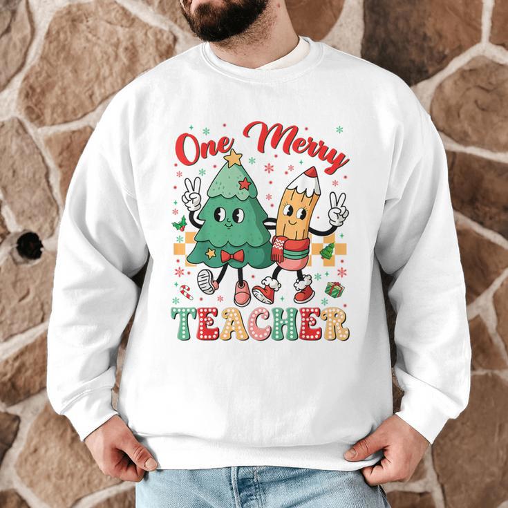 One Merry Teacher Groovy Christmas Tree Pjs Xmas Teacher Men Graphic Sweatshirt, novelty gifts, funny gifts