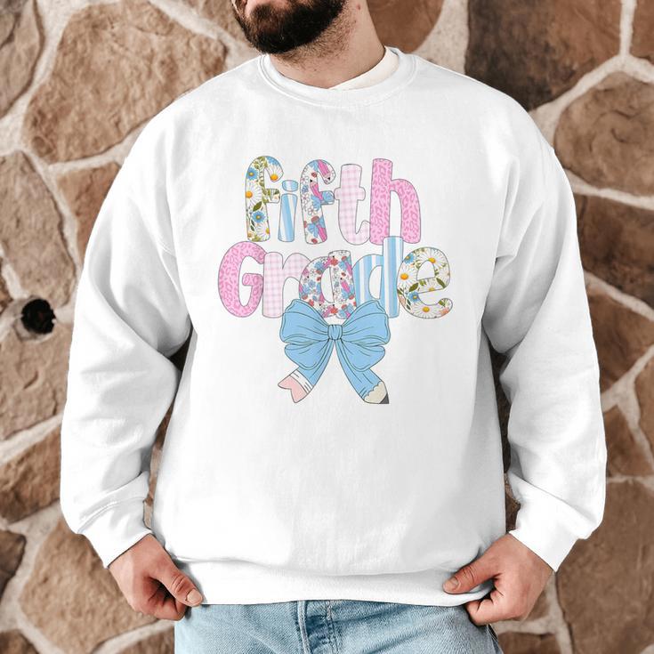 Preppy Fifth Grade Teacher Blue Floral Coquette Pencil Bow Men Graphic Sweatshirt, novelty gifts, funny gifts