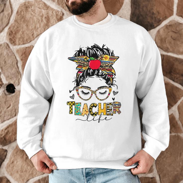 Teacher Life Messy Bun Glasses Leopard Sunflower Men Graphic Sweatshirt, novelty gifts, funny gifts