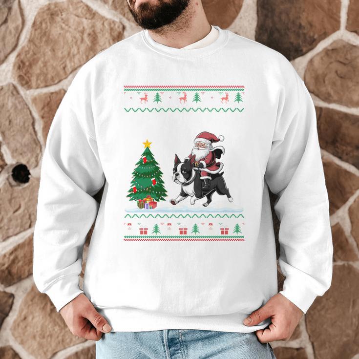 Ugly Christmas Tree Lights Xmas Santa Riding Boston Terrier Men Graphic Sweatshirt, novelty gifts, funny gifts