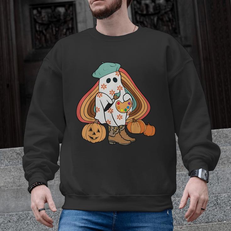 Art Teacher Painting Brushes Retro Pumpkin Ghost Artist Men Graphic Sweatshirt