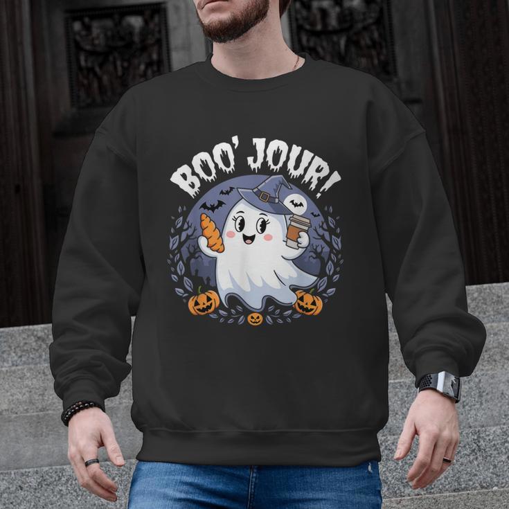 Boo Jour Ghost Halloween French Teacher Cute Coffe Croissant Men Graphic Sweatshirt
