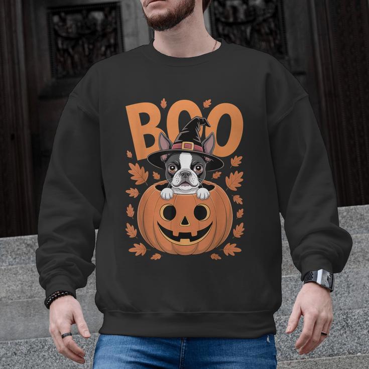 Boston Terrier Costume On Pumpkin Halloween Boston Terrier Men Graphic Sweatshirt