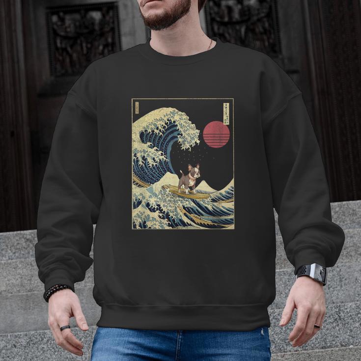 Boston Terrier Japanese Kanagawa Wave Surf Dog Men Graphic Sweatshirt